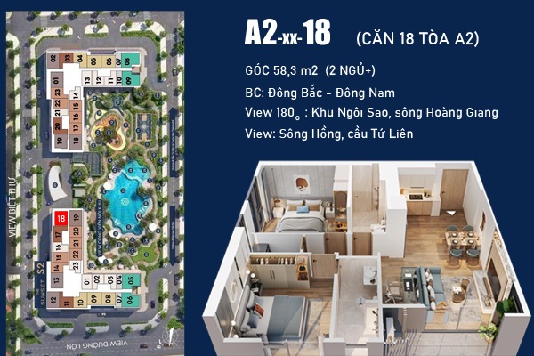 LAYOUT CĂN GÓC 18 TÒA A2 Masteri Grand Avenue Cổ Loa
